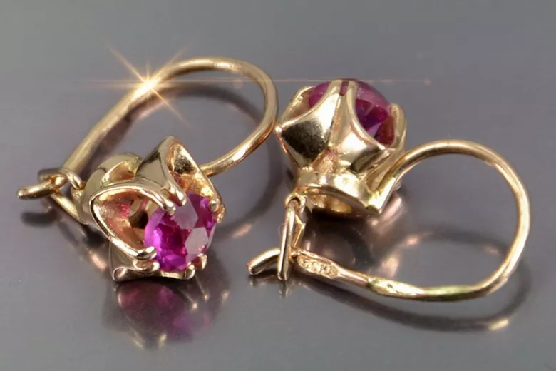 Boucles d’oreilles en or rose soviétique russe 14k 585 vec184 alexandrite rubis émeraude saphir ...