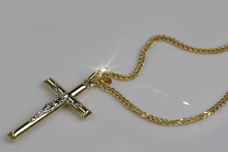 Italienische gelbe 14 Karat Gold Catholic Cross & Spiga Kette