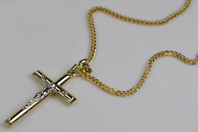 Croix catholique italienne en or jaune 14 carats et chaîne Spiga