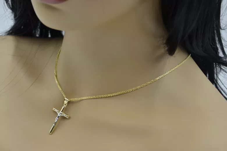 Croix catholique italienne en or jaune 14 carats et chaîne Spiga