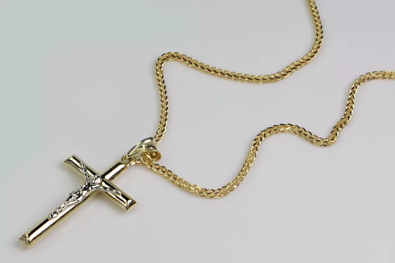 Italian yellow 14k gold Catholic Cross & Spiga chain ctc001y&cc036y