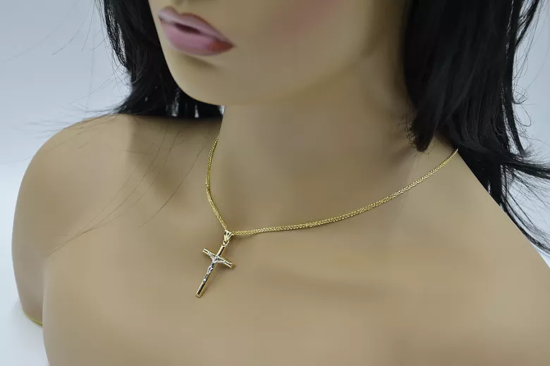 Italienische gelbe 14 Karat Gold Catholic Cross & Spiga Kette