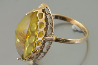 Radziecki 14k 585 złoty Rosyjski pierścionek z różowego złota z bursztynem  vrab043