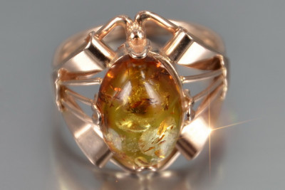 Russische Rose Sowjetische Rosa UdSSR rot 585 583 Gold Bernstein Ring vrab051