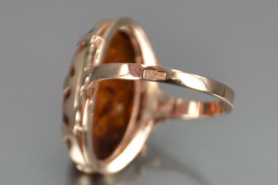 Radziecki 14k 585 złoty Rosyjski pierścionek z różowego złota z bursztynem  vrab052