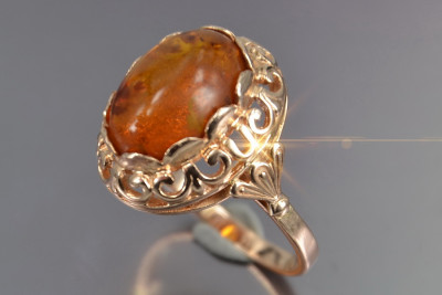 Bijou Rare, Bague Ambre en Or Rose Vintage 14 Carats 585 d'origin vrab054