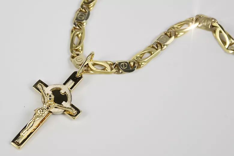 Italienisches Gelb Weiß 14 Karat Gold Katholisches Kreuz & Elegante Kette