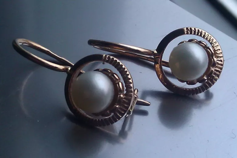 Russian rose pink Soviet 14k 585 gold pearl earrings