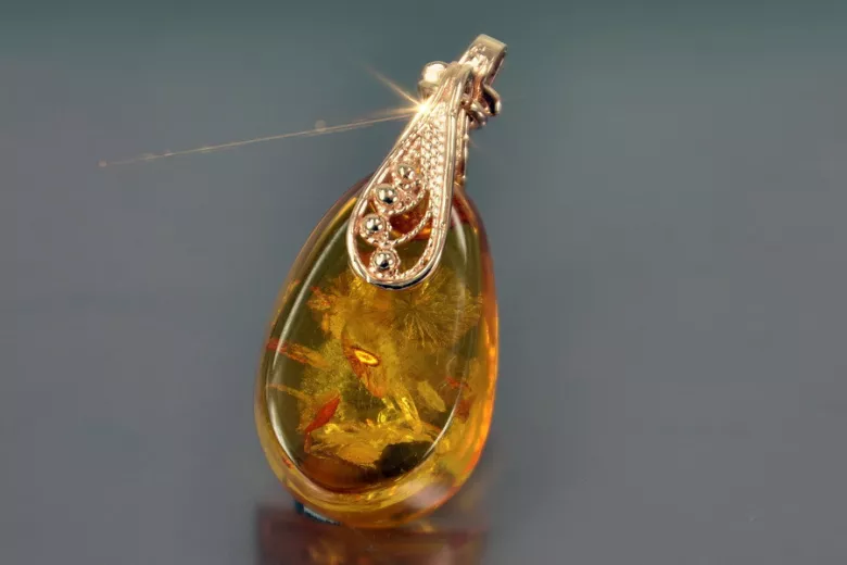 Pendentif d'ambre classique en or rose 14 carats 585 vintage vpab002