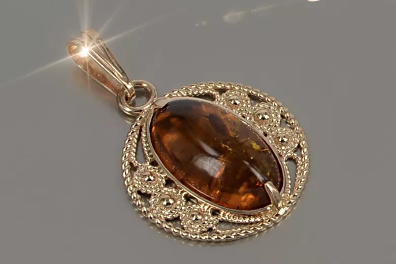 "Pendentif d'Origine Ambre et Or Rose 14 Carats, Style Vintage" vpab004