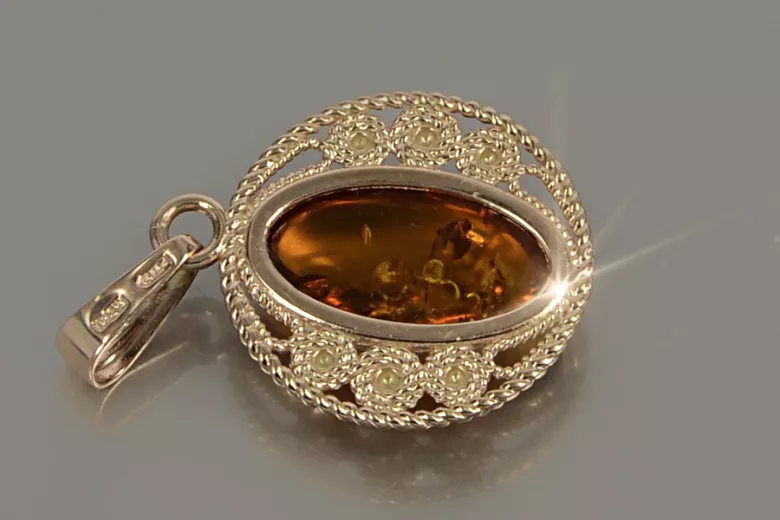 "Pendentif d'Origine Ambre et Or Rose 14 Carats, Style Vintage" vpab004