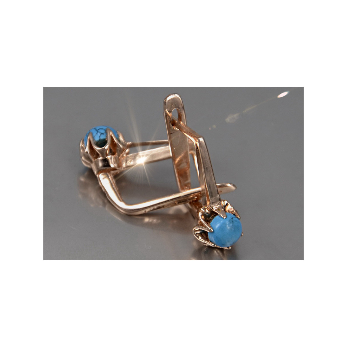 "Bijoux vintage : Boucles d'oreilles en or rose 14k 585 et turquoise" vetq200