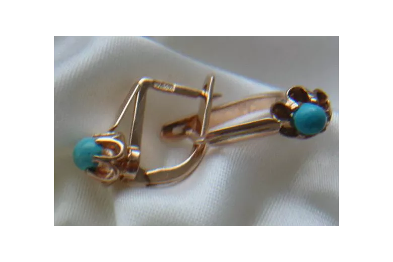 "Bijoux vintage : Boucles d'oreilles en or rose 14k 585 et turquoise" vetq200