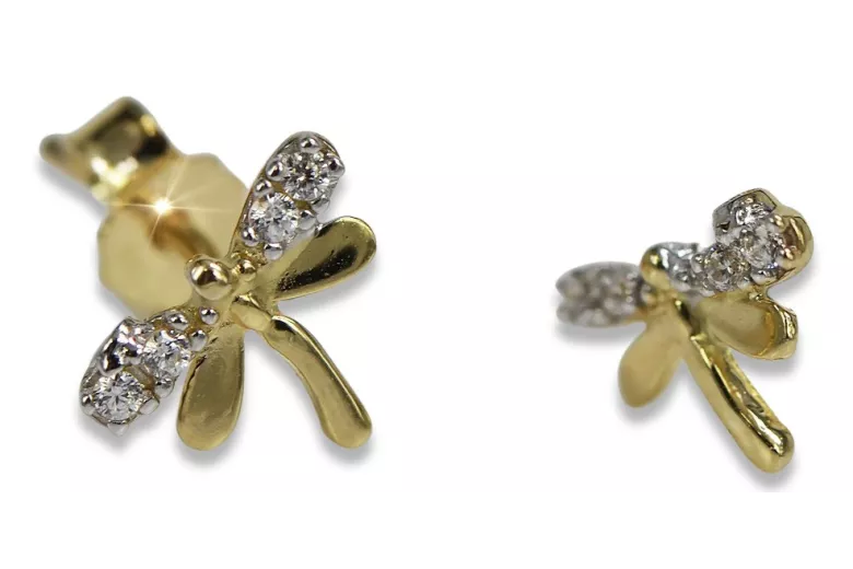 Italian 14k 585 yellow gold dragonfly zircon earrings cec015y