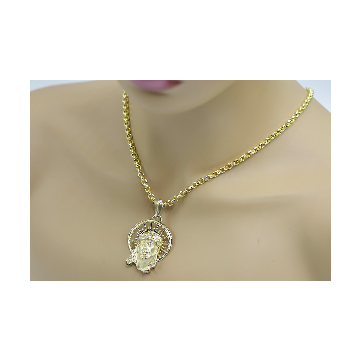 14k 585 Pendentif Jésus en or et chaîne d’ancrage pj008yL&cc003y