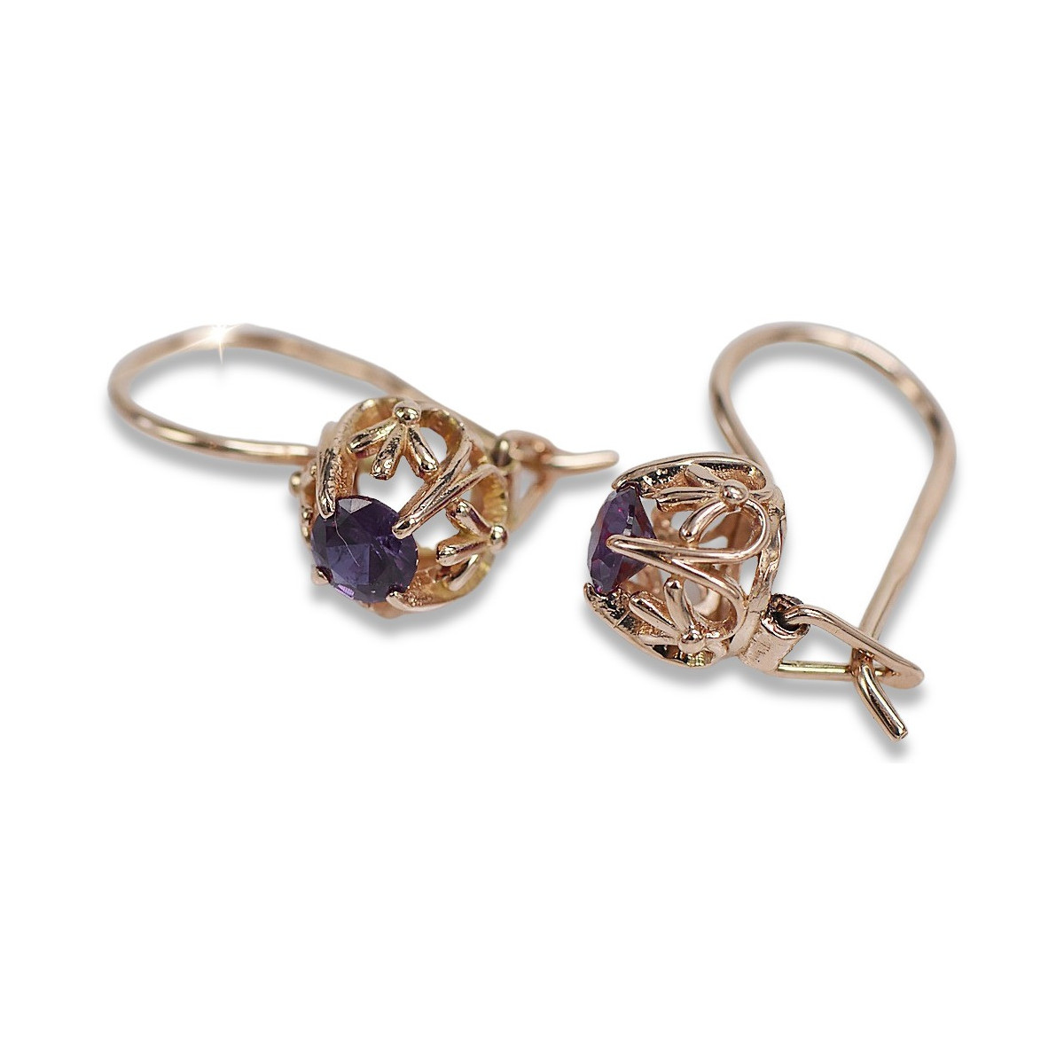 Boucles d’oreilles en or rose soviétique russe 14k 585 vec145 alexandrite rubis émeraude saphir ...