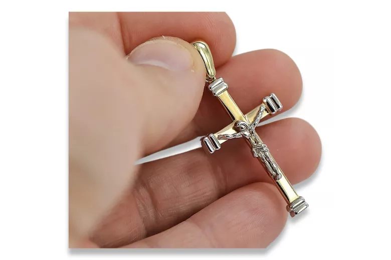 Exquisites 14K Gelb- & Weißgold Italienisches Jesus-Kreuz in Vintage Rosen-Pink ctc014yw