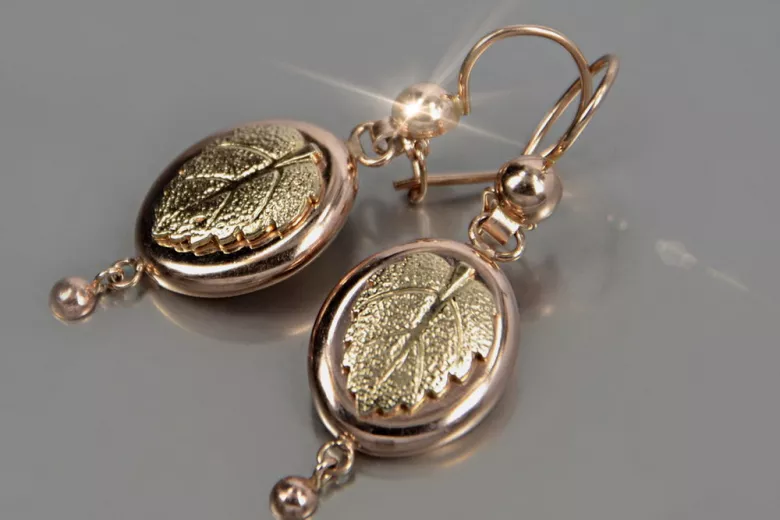 "Classic 14K 585 Rose Pink Gold Vintage Leaf Earrings - No Stones" ven045