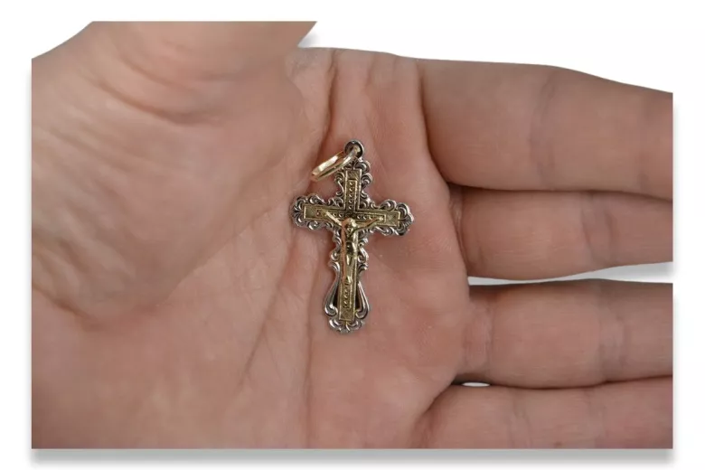 Handgefertigtes Orthodoxes Kreuz aus 14K Weiß- & Gelbgol. oc002wy