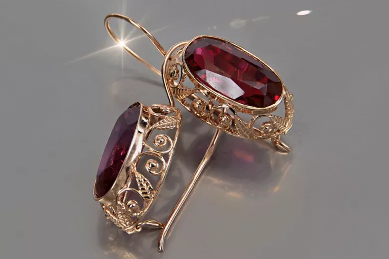 Boucles d’oreilles en or rose soviétique russe 14k 585 vec014 alexandrite rubis émeraude saphir ...