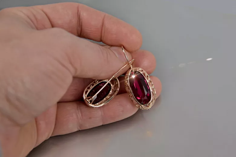 Boucles d’oreilles en or rose soviétique russe 14k 585 vec014 alexandrite rubis émeraude saphir ...