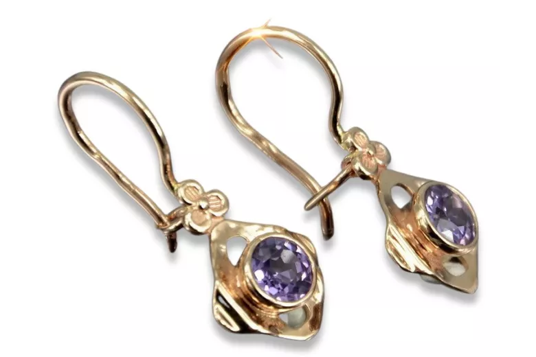 Boucles d’oreilles en or rose soviétique russe 14k 585 vec017 alexandrite rubis émeraude saphir ...