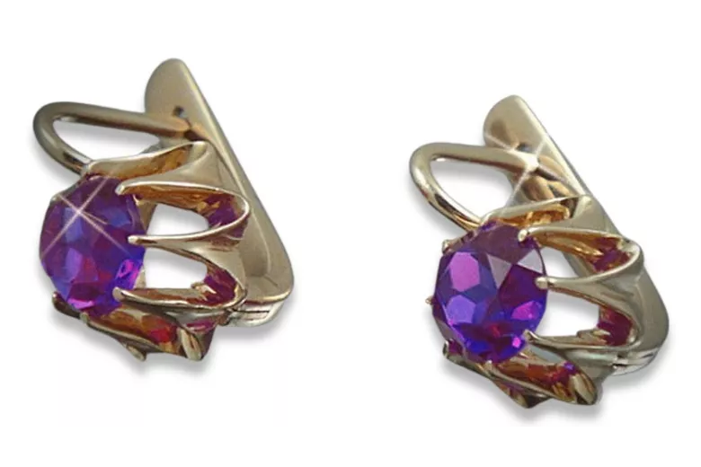 Boucles d’oreilles en or rose soviétique russe 14k 585 vec022 alexandrite rubis émeraude saphir ...