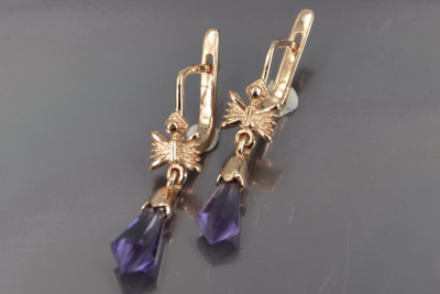 Boucles d’oreilles en or rose soviétique russe 14k 585 vec031 alexandrite rubis émeraude saphir ...