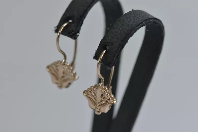 Or Rose 14 Carats 585 Vintage: Boucles d'Oreilles de Fleurs Antiques sans Pierres ven205