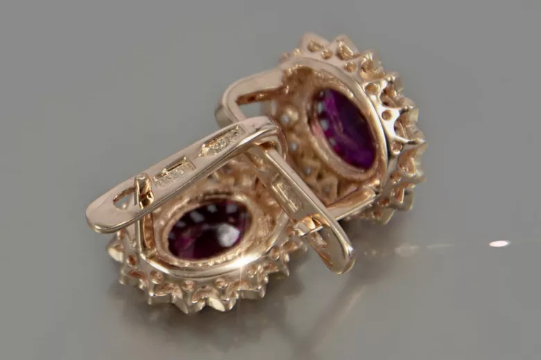 Boucles d’oreilles en or rose soviétique russe 14k 585 vec125 alexandrite rubis émeraude saphir ...