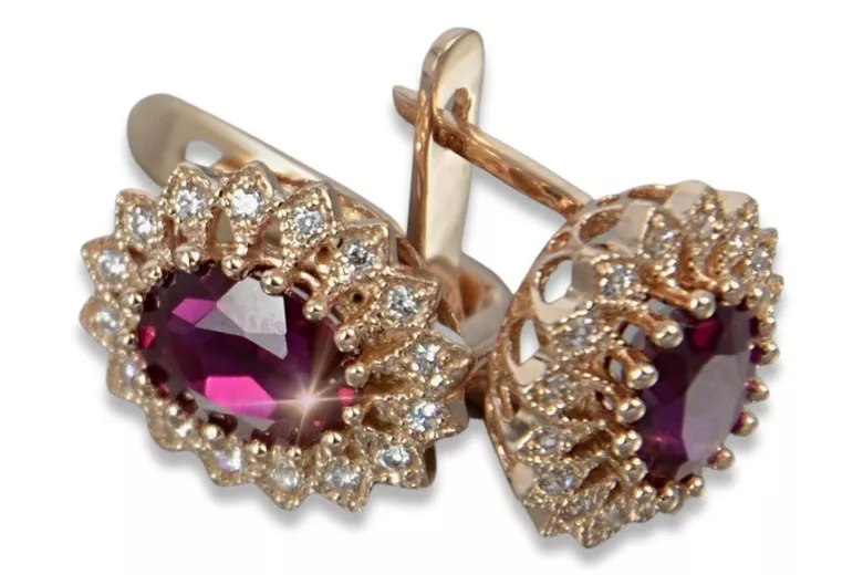 Boucles d’oreilles en or rose soviétique russe 14k 585 vec125 alexandrite rubis émeraude saphir ...