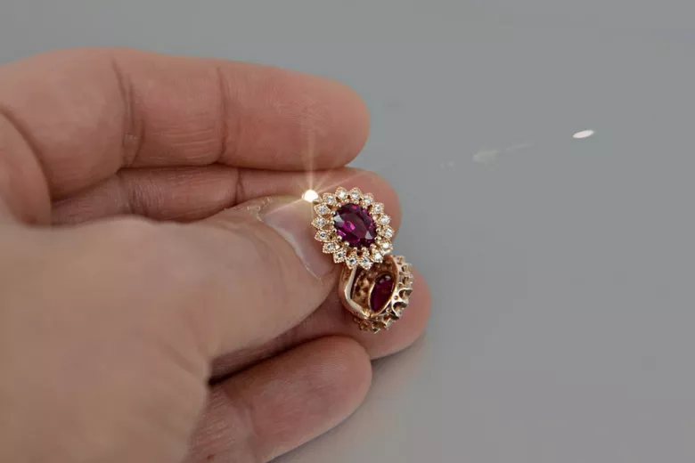 Boucles d’oreilles en or rose soviétique russe 14k 585 vec125 alexandrite rubis émeraude saphir ...