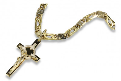 Italienisches Gelb Weiß 14 Karat Gold Katholisches Kreuz & Elegante Kette