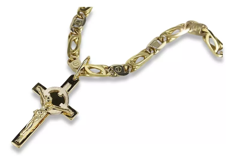 Croix catholique italienne jaune blanc 14 carats & Chaîne élégante