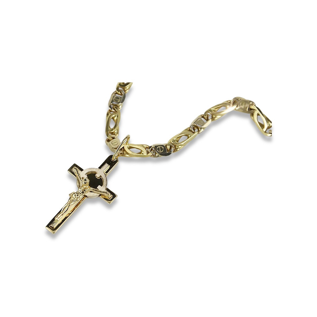 Croix catholique italienne jaune blanc 14 carats & Chaîne élégante