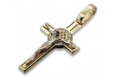 Stilvolle 14K Gelb- & Weißgold Katholischer Jezus Kreuz Schmuck. ctc027yw