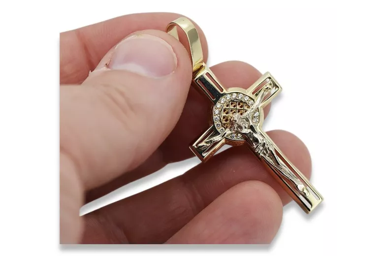 Stilvolle 14K Gelb- & Weißgold Katholischer Jezus Kreuz Schmuck. ctc027yw