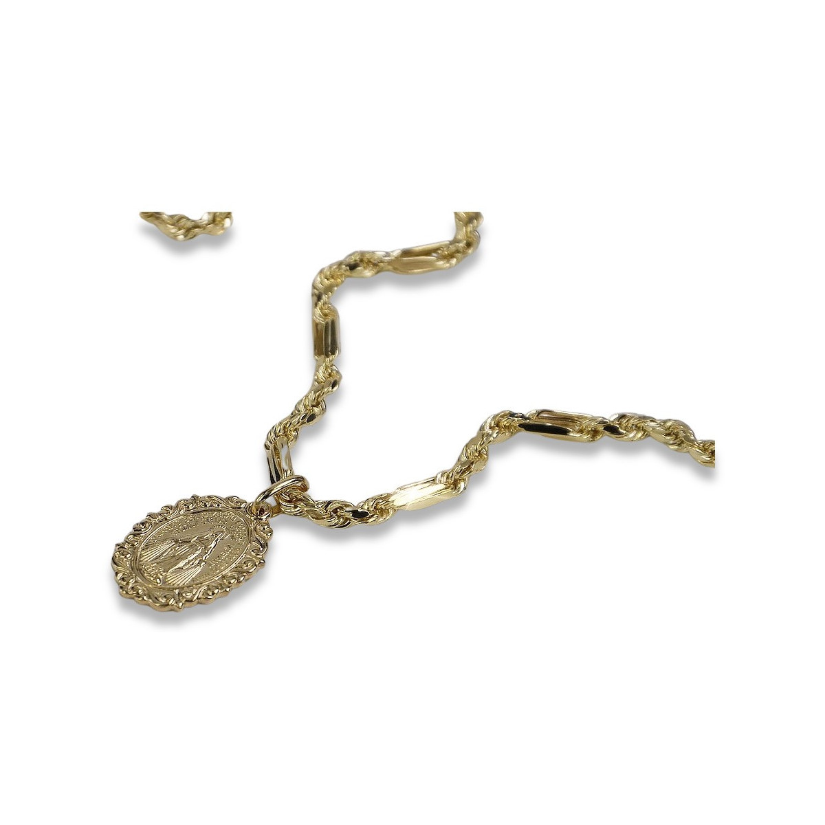 Yellow gold Mother of God medallion & chain Corda Figaro