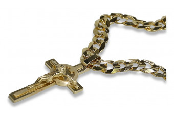 Croix catholique italienne jaune 14 carats et chaîne gourmande