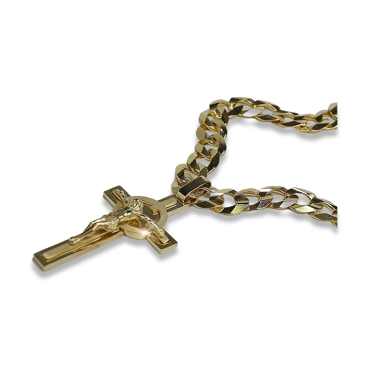 Italian yellow 14k gold Catholic cross & gourmette chain