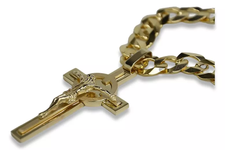 Italian yellow 14k gold Catholic cross & gourmette chain