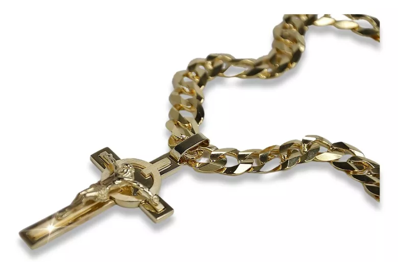 Croix catholique italienne jaune 14 carats et chaîne gourmande