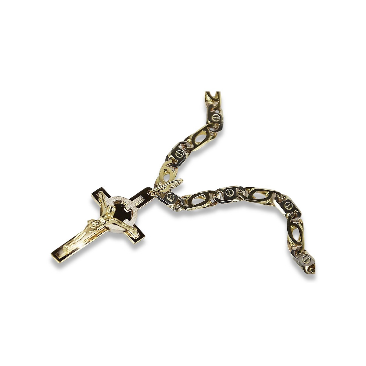 Croix et chaîne catholiques en or jaune blanc 14 carats italien