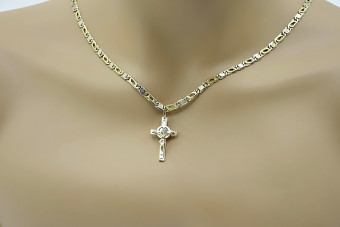 Италиански жълт бял 14k златен католически кръст и верига