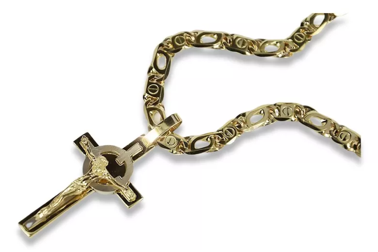 Cruz y cadena católica de oro blanco amarillo italiano de 14k