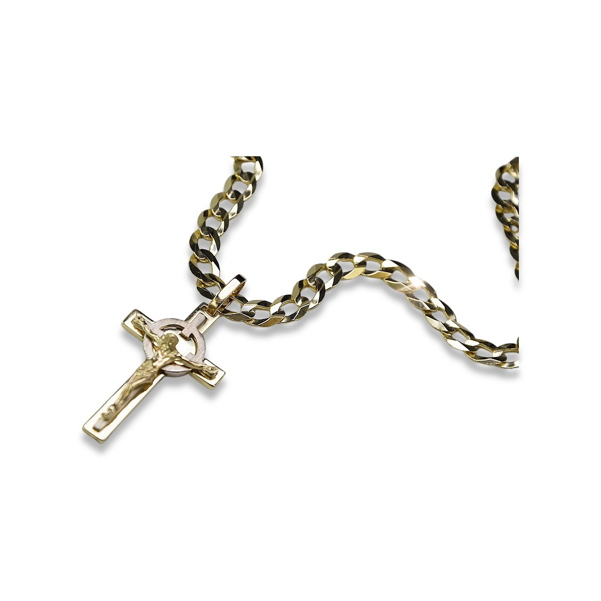 Croix catholique italienne jaune 14 carats et chaîne gourmande ctc010yw&cc001y