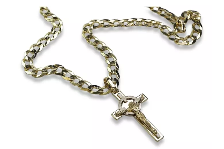 Croix catholique italienne jaune 14 carats et chaîne gourmande ctc010yw&cc001y