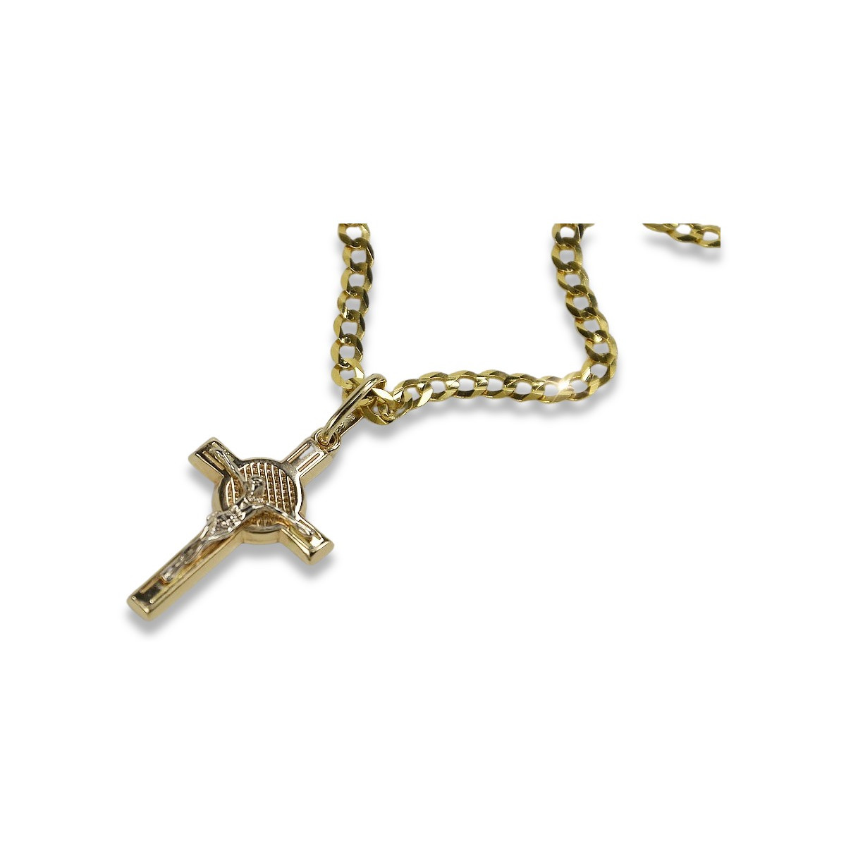 Italian yellow 14k gold Catholic cross & Gourmette chain