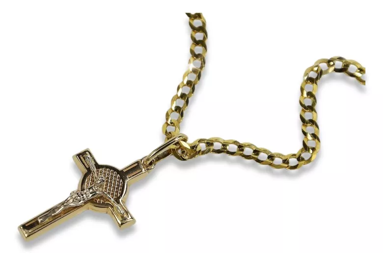 Italian yellow 14k gold Catholic cross & Gourmette chain