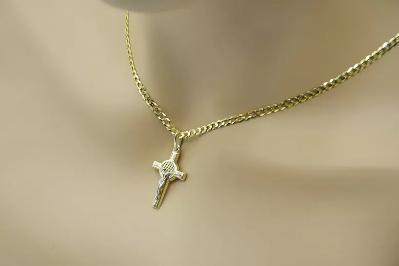 Italian yellow 14k gold Catholic cross & Gourmette chain